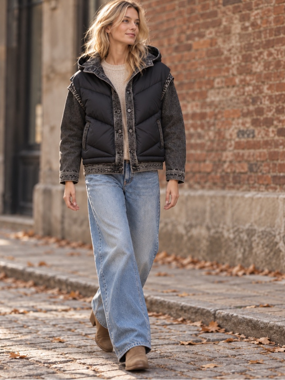 Maje Black Puffer Jacket with Removable Denim Sleeves